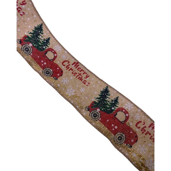 2” Beige Red Truck Wired Winter Christmas Ribbon For Farmhouse Wreath & Bows - Picture 2 of 2